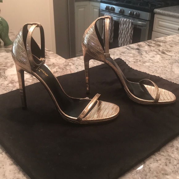 😍BRAND NEW-Saint Laurent Gold Open Toe Heels - Picture 4 of 7